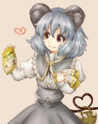 Rule 34 | 1girl, :3, animal ears, bad id, bad twitter id, basket, buttons, capelet, cheetos, closed mouth, eyebrows, frilled capelet, frills, grey hair, grey skirt, hair between eyes, heart, heart tail, holding, juliet sleeves, long sleeves, mouse (animal), mouse ears, mouse tail, nazrin, puffy sleeves, red eyes, shirt, short hair, simple background, skirt, skirt set, solo, tail, tikano, touhou, upper body