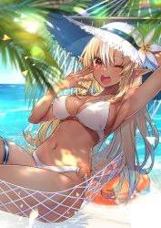Rule 34 | 1girl, absurdres, arm behind head, arm up, armpits, beach, bikini, blonde hair, breasts, cleavage, dark-skinned female, dark skin, day, elf, hat, highres, hololive, kitazume kumie, large breasts, long hair, looking at viewer, multicolored hair, navel, one eye closed, open mouth, outdoors, palm leaf, pointy ears, red eyes, shiranui flare, solo, stomach, streaked hair, sun hat, swimsuit, thigh strap, very long hair, virtual youtuber, white bikini, white hair, white hat