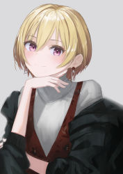 Rule 34 | 1girl, absurdres, artist request, black jacket, blonde hair, commentary request, earrings, grey background, head rest, highres, idolmaster, idolmaster shiny colors, jacket, jewelry, light smile, looking at viewer, off-shoulder jacket, off shoulder, purple eyes, saijo juri, short hair, sleeves past elbows, solo, turtleneck, upper body