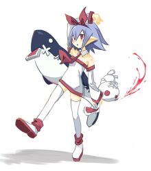 Rule 34 | 1girl, arm above head, bare shoulders, blue hair, blush, bow, bow hairband, breasts, deal360acv, detached collar, disgaea, dress, flat chest, full body, hair between eyes, hairband, holding, holding stuffed toy, medium hair, necktie, open mouth, pleinair, pointy ears, red bow, red eyes, red necktie, same-san, short dress, smile, solo, standing, stuffed animal, stuffed shark, stuffed toy, thighhighs, usagi-san, white dress, white thighhighs, zettai ryouiki