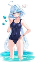 Rule 34 | 1girl, ahoge, armpits, bare arms, bare shoulders, blue eyes, blue hair, blue one-piece swimsuit, blush, breasts, collarbone, covered navel, cowlick, drop-shaped pupils, furina (genshin impact), genshin impact, gluteal fold, hair between eyes, heterochromia, highres, holding, holding clothes, light blue hair, long hair, looking at viewer, matrix16, medium breasts, multicolored hair, old school swimsuit, one-piece swimsuit, open mouth, ponytail, school swimsuit, school swimsuit flap, simple background, solo, standing, swimsuit, symbol-shaped pupils, wet, wet clothes, wet swimsuit, white background, white hair