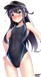 Rule 34 | 1girl, absurdres, akatsuki (kancolle), anchor symbol, artist name, black hair, black one-piece swimsuit, blush, unworn clothes, commentary request, competition swimsuit, cowboy shot, dated, flat cap, flat chest, flying sweatdrops, gluteal fold, grey eyes, hand on own hip, hat, highres, kantai collection, looking at viewer, one-piece swimsuit, simple background, smile, solo, swimsuit, tsuchimiya, wavy mouth, white background
