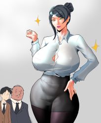 Rule 34 | 1girl, 2boys, absurdres, bald, bijin onna joushi takizawa-san, black hair, black skirt, black suit, blazer, breasts, brown suit, button gap, cleavage, collared shirt, curvy, dress shirt, earrings, formal, grey background, hair bun, hair up, hand on own hip, hand up, highres, huge breasts, huge filesize, jacket, jewelry, looking at another, looking at viewer, miniskirt, mole, mole under mouth, multiple boys, necktie, office lady, old, old man, pantyhose, pencil skirt, pink lips, shirt, short hair, single hair bun, skirt, suit, takeda kouta, takizawa kyouko, thick thighs, thighs, tsukiko0816, updo, white shirt, yellow eyes