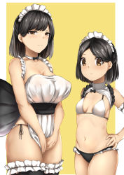 Rule 34 | 2girls, age difference, bad id, bad pixiv id, bikini, black hair, black legwear, blush, breasts, brown eyes, choker, cleavage, collarbone, frilled bikini, frills, height difference, highres, large breasts, looking at viewer, maid, maid bikini, maid headdress, multiple girls, original, panties, short hair, side-tie panties, small breasts, smile, swimsuit, thighhighs, unconventional maid, underwear