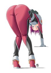 Rule 34 | 1girl, ass, automatic giraffe, blue eyes, bodysuit, breasts, code geass, commentary, english commentary, from behind, full body, highres, kouzuki kallen, knees together feet apart, leaning forward, looking at viewer, medium breasts, pilot suit, red bodysuit, red hair, short hair, solo, white background