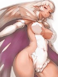 Rule 34 | 1girl, aq interactive, arcana heart, atlus, breasts, cameltoe, cape, center opening, cleavage, covered erect nipples, covered navel, dark-skinned female, dark skin, elbow gloves, elf, examu, fumio (rsqkr), gloves, groin, large breasts, leotard, lips, long hair, no panties, parace l&#039;sia, pointy ears, red eyes, revealing clothes, side slit, sideboob, simple background, solo, thighs, white hair