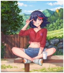 Rule 34 | 1girl, ahoge, artist name, bench, between legs, black hair, blue shorts, blue sky, blush, casual, cloud, collarbone, commission, crop top, cup, dated, day, denim, denim shorts, disposable cup, doomykiwi, drawstring, drink, drinking straw, floating hair, foliage, full body, gate, grass, grin, hand between legs, hand up, highres, indian style, kill la kill, kite, lace-up, light blush, looking to the side, matoi ryuuko, midriff, mountain, multicolored hair, nail polish, navel, on bench, outdoors, paw print, purple eyes, red hair, red nails, red shirt, shirt, shoes, short hair, short shorts, shorts, sitting, sky, smile, sneakers, solo, stone wall, streaked hair, tree, two-tone hair, v, wall, white footwear, wind