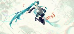 Rule 34 | 1girl, 39, :d, ^ ^, armpits, bare shoulders, black skirt, blue hair, blue necktie, chromatic aberration, closed eyes, clothes lift, commentary request, detached sleeves, floating hair, full body, grey background, grey shirt, happy tears, hatsune miku, headset, highres, jumping, long hair, necktie, open mouth, outstretched arms, shirt, simple background, skirt, sleeveless, sleeveless shirt, smile, solo, star (symbol), tears, teeth, thighhighs, thighs, twintails, upper teeth only, very long hair, vocaloid, yyb