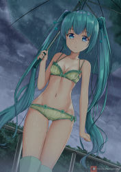 Rule 34 | 1girl, ahoge, aqua eyes, aqua hair, arm at side, bare shoulders, boots, bow, bra, bush, cloud, cloudy sky, collarbone, day, dutch angle, exhibitionism, frilled bra, frills, gluteal fold, green bow, green bra, green panties, hatsune miku, highres, holding, holding umbrella, joko jmc, long hair, looking at viewer, navel, outdoors, panties, public indecency, railing, rain, rubber boots, sky, solo, standing, stomach, thigh gap, transparent, transparent umbrella, umbrella, underwear, underwear only, very long hair, vocaloid