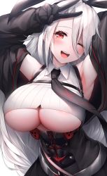 Rule 34 | 1girl, areola slip, arm behind head, arm up, armpits, azur lane, bare shoulders, breasts, collared shirt, crop top, detached sleeves, eyes visible through hair, hair over one eye, hair ribbon, highres, large breasts, lens flare, long hair, long sleeves, looking at viewer, mole, mole under eye, necktie, one eye closed, open mouth, oyuwari, prinz heinrich (azur lane), red eyes, ribbed shirt, ribbon, shirt, silver hair, sleeveless, sleeveless shirt, smile, solo, thighs, underboob, underbust, v, very long hair, white shirt