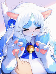 Rule 34 | &gt; &lt;, 1girl, animal ears, animal hands, bell, blue flower, blue fur, blue hair, blue rose, body fur, breasts, commentary request, flower, furry, furry female, hair flower, hair ornament, highres, jingle bell, kishibe, large breasts, long hair, multicolored hair, open mouth, original, rose, solo focus, tail, two-tone fur, upper body, white fur, white hair