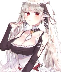 Rule 34 | 1girl, azur lane, bad id, bad pixiv id, between breasts, black dress, blush, breasts, cleavage, dress, earrings, formidable (azur lane), frilled dress, frills, grey hair, hair ribbon, highres, jewelry, large breasts, long hair, patzzi, red eyes, ribbon, rigging, solo, twintails, two-tone dress, two-tone ribbon, two-tone ribbons