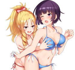Rule 34 | 10s, 2girls, alternate hairstyle, bandaged fingers, bandages, bikini, blonde hair, blue bikini, blush, bow, grabbing another&#039;s breast, breasts, brown eyes, collarbone, deep skin, eromanga sensei, etan14, front-tie bikini top, front-tie top, grabbing, groin, groping, hair bow, halterneck, high ponytail, large breasts, looking at another, multiple girls, navel, one eye closed, open mouth, pink bow, pointy ears, ponytail, purple eyes, purple hair, red bow, senju muramasa, short hair, side-tie bikini bottom, simple background, standing, swimsuit, white background, yamada elf