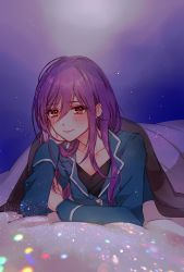 Rule 34 | 1girl, bang dream!, bed sheet, black shirt, blue background, blue jacket, blush, collarbone, commentary request, hair between eyes, hair down, head rest, jacket, long hair, long sleeves, looking at viewer, lying, mamaloni, on stomach, purple hair, red eyes, seta kaoru, shirt, smile, solo, under covers
