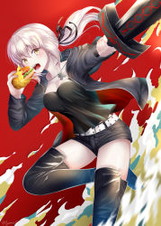 Rule 34 | 1girl, artoria pendragon (all), artoria pendragon (fate), ayame chiyo, black footwear, black jacket, black ribbon, black shirt, black shorts, boots, breasts, burger, cleavage, excalibur morgan (fate), fate/stay night, fate (series), floating hair, food, hair between eyes, hair ribbon, highres, holding, holding food, holding sword, holding weapon, hood, hood down, hooded jacket, jacket, jewelry, leg up, long hair, looking at viewer, medium breasts, necklace, official alternate costume, open clothes, open jacket, open mouth, outstretched arm, ponytail, red background, ribbon, saber alter, saber alter (ver. shinjuku 1999) (fate), shirt, short shorts, shorts, silver hair, solo, sword, thigh boots, thighhighs, weapon, yellow eyes, zettai ryouiki