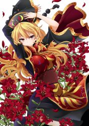 Rule 34 | 1girl, black dress, blonde hair, bracelet, breasts, chinese clothes, dress, flower, hat, highres, jewelry, junko (touhou), large breasts, long hair, long sleeves, looking at viewer, nail polish, red eyes, rihito (usazukin), sash, serious, simple background, solo, tabard, touhou, white background, wide sleeves