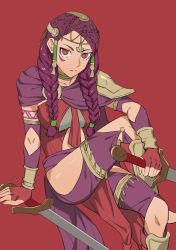 Rule 34 | 1girl, braid, breasts, closed mouth, dark skin, earrings, facial mark, fire emblem, fire emblem: three houses, fire emblem warriors, fire emblem warriors: three hopes, gloves, highres, jewelry, long hair, long sleeves, looking at viewer, nintendo, petra macneary, purple hair, sawarame, simple background, smile, solo, twin braids