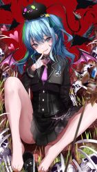 Rule 34 | 1girl, alternate costume, aqua ribbon, bare legs, barefoot, bat wings, bibi (tokoyami towa), bird, black footwear, black jacket, black skirt, blue eyes, blue hair, blurry, blurry foreground, blush, breasts, choker, crow, demon tail, depth of field, eyelashes, feet, finger to mouth, hair between eyes, hair ribbon, hand up, heart, highres, hololive, hoshimachi suisei, jacket, knees up, lace, lace choker, legs, long hair, looking at viewer, miniskirt, nail polish, necktie, one side up, orange nails, piercing, pleated skirt, purple necktie, red background, ribbon, school uniform, shadow, shoes, unworn shoes, sitting, skirt, skull, small breasts, solo, tail, tail ornament, tail piercing, thighs, toenail polish, toenails, toes, virtual youtuber, wings, yusuke (shiota)