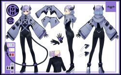 Rule 34 | 1girl, absurdres, artist request, ass, black bodysuit, black footwear, bodysuit, border, breasts, character name, character sheet, color guide, demon horns, demon tail, enpera, full body, grey sleeves, hair ornament, high collar, high heels, highres, hood, hood down, hooded jacket, horns, indie virtual youtuber, jacket, long pointy ears, long sleeves, mimic (vtuber), multiple views, official art, outstretched arms, pointy ears, profile, purple border, purple hair, red eyes, scarf, simple background, skin tight, small breasts, spread arms, standing, tail, turnaround, virtual youtuber, white background, wide sleeves, x hair ornament