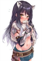 Rule 34 | 1girl, animal ear fluff, animal ears, bandeau, belt, belt buckle, black gloves, black hair, blush, brown belt, buckle, commentary request, covered mouth, covering own mouth, cowboy shot, embarrassed, fingerless gloves, flying sweatdrops, fur collar, gauntlets, gloves, gradient hair, grey hair, highres, holding own tail, long hair, looking at viewer, marisasu (marisa0904), midriff, multicolored hair, navel, princess connect!, shiori (princess connect!), simple background, skirt, solo, stomach, tail, tiger ears, tiger girl, tiger tail, vambraces, white background, yellow eyes