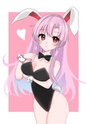 Rule 34 | 1girl, animal ears, bare legs, black leotard, border, bow, bowtie, breasts, bunny day, cleavage, covered navel, cowboy shot, detached collar, heart, highleg, highleg leotard, highres, leotard, long hair, medium breasts, parted lips, pink background, playboy bunny, purple background, rabbit ears, rabbit tail, red eyes, reisen udongein inaba, riruku, simple background, solo, strapless, strapless leotard, tail, touhou, traditional bowtie, very long hair, white border, wrist cuffs
