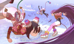Rule 34 | 3girls, absurdly long hair, ankle socks, back bow, bat (animal), beach, bell, bikini, black bikini, black gloves, black legwear, black one-piece swimsuit, blurry, blurry background, bow, bracelet, breasts, brown hair, bun cover, chinese clothes, commentary, day, demon girl, demon tail, depth of field, double bun, double vertical stripe, earrings, elbow gloves, english commentary, falling, flats, gloves, green horns, grey hair, hair bun, hairband, highres, horns, island, jacket, jewelry, letterman jacket, long hair, long sleeves, looking at another, medium hair, midair, multiple girls, no pants, ocean, one-piece swimsuit, oni horns, open mouth, original, outdoors, pier, pointy ears, purple footwear, purple hair, purple legwear, red footwear, red hairband, red jacket, shoes, short hair, small breasts, smile, sneakers, socks, spikes, swimsuit, swimsuit under clothes, tail, thighhighs, thong, thong bikini, timbougami, twintails, very long hair, white legwear