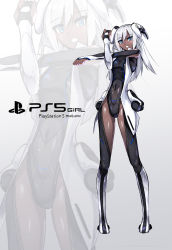 Rule 34 | 1girl, absurdres, blue eyes, character name, covered navel, crossed arms, dark-skinned female, dark skin, game console, highres, i.takashi, jacket, leotard, mecha musume, personification, playstation 5, playstation controller, product girl, skin tight, smile, solo, sony, white hair, zoom layer