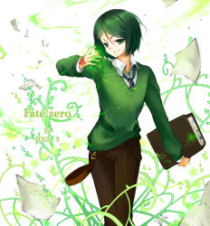 Rule 34 | 1boy, androgynous, book, command spell, fate/zero, fate (series), fe (sakura), green eyes, green hair, highres, magic, male focus, matching hair/eyes, parted bangs, solo, waver velvet