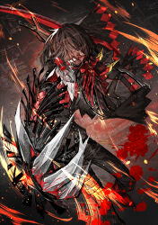 Rule 34 | 1boy, black capelet, black gloves, blood, blood splatter, bloody weapon, brown hair, capelet, claw (weapon), code vein, collared shirt, commentary request, dynamic pose, gas mask, gloves, glowing, glowing eyes, hair over one eye, holding, holding sword, holding weapon, jewelry, looking at viewer, louis (code vein), male focus, mask, mura karuki, necklace, red eyes, shirt, short hair, solo, sparks, sword, weapon