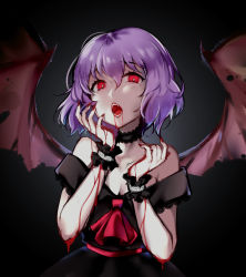 Rule 34 | 1girl, absurdres, ascot, bare shoulders, bat wings, black ascot, black wings, blood, blood drip, blood in mouth, blood on face, blood on hands, choker, dress, fangs, fingernails, hair between eyes, hands up, highres, lace, lace-trim, lace-trimmed choker, lace-trimmed dress, lace trim, lips, long fingernails, looking at viewer, nail polish, purple hair, red ascot, red eyes, red lips, red nails, red ribbon, remilia scarlet, ribbon, sash, sharp fingernails, short hair, sleeveless, sleeveless dress, solo, spread wings, sunege (hp0715), teeth, touhou, upper body, wings, wrist cuffs