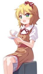 Rule 34 | 1girl, :d, bare legs, blonde hair, bow, commentary request, cup, green eyes, hair bow, haru (konomi 150), holding, holding cup, holding saucer, idolmaster, idolmaster cinderella girls, open mouth, puffy short sleeves, puffy sleeves, red bow, sakurai momoka, saucer, short hair, short sleeves, simple background, sitting, smile, solo, white background