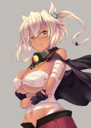 Rule 34 | 10s, 1girl, breast hold, breasts, brown eyes, budget sarashi, cape, dark skin, dark-skinned female, covered erect nipples, fingerless gloves, glasses, gloves, grey hair, huge breasts, kantai collection, looking at viewer, musashi (kancolle), nail polish, navel, pointing, pointing up, pointy hair, sarashi, short hair, smile, solo, syacyo, twintails