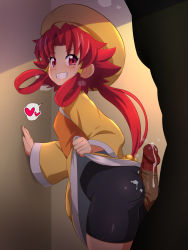 Rule 34 | 1boy, 1girl, against wall, bike shorts, blush, breath, buttjob, buttjob over clothes, cardfight!! vanguard, cum, cum on ass, cum on clothes, from behind, grin, hair bobbles, hair ornament, hat, heart, highres, konpeto, looking back, parted bangs, penis, red eyes, red hair, short hair with long locks, shuka (cardfight!! vanguard), smile, spoken heart, sweat, yellow headwear