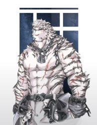 Rule 34 | 1boy, animal ears, arknights, bara, belt, black belt, black tank top, chain, chain necklace, cowboy shot, expressionless, fingerless gloves, furry, furry male, gloves, highres, jewelry, large pectorals, looking to the side, male focus, mountain (arknights), muscular, muscular male, necklace, pants, pectorals, scar, scar across eye, scar on arm, scar on chest, scar on face, shensedexiao (49809635), short hair, solo, tank top, tiger boy, tiger ears, tiger stripes, topless male, white fur, white pants