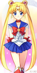 Rule 34 | 1990s (style), 1girl, bad id, bad pixiv id, bishoujo senshi sailor moon, blonde hair, blue eyes, blue sailor collar, blue skirt, boots, bow, brooch, choker, colorized, double bun, earrings, full moon, hair ornament, hairpin, highres, jewelry, kiino, knee boots, long hair, magical girl, mizuto umi (blue monday), moon, own hands clasped, own hands together, pleated skirt, red bow, retro artstyle, ribbon, sailor collar, sailor moon, skirt, smile, solo, star (symbol), tiara, tsukino usagi, twintails