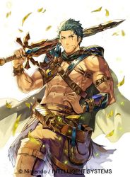 Rule 34 | 1boy, abs, bag, cape, copyright name, dieck (fire emblem), fire emblem, fire emblem: the binding blade, fire emblem cipher, green eyes, green hair, leaf, male focus, matching hair/eyes, navel, nintendo, official art, scar, topless male, simple background, solo, sword, weapon, white background