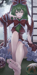Rule 34 | 1girl, absurdres, arm ribbon, barefoot, bow, breasts, dress, frilled bow, frilled dress, frilled ribbon, frills, front ponytail, green eyes, green hair, hair ribbon, highres, kagiyama hina, large breasts, open mouth, puffy short sleeves, puffy sleeves, red bow, red dress, red ribbon, ribbon, short sleeves, sitting, sliding doors, smile, solo, tadano1129, tatami, teeth, thighs, touhou, upper teeth only, winter
