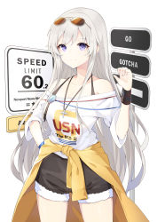 Rule 34 | 1girl, absurdres, azur lane, bare shoulders, black shorts, bra strap, breasts, cleavage, closed mouth, clothes around waist, clothes writing, collarbone, cowboy shot, cutoffs, enterprise (anniversary ride) (azur lane), enterprise (azur lane), expressionless, eyewear on head, hand on own hip, hand up, highres, jacket, jacket around waist, jewelry, long hair, looking at viewer, necklace, off-shoulder shirt, off shoulder, paaru, purple eyes, shirt, short shorts, shorts, sidelocks, sign, silver hair, solo, sunglasses, sweatband, very long hair, white shirt, yellow jacket