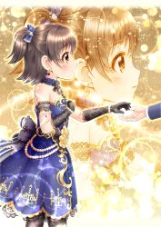 Rule 34 | 1girl, akagi miria, bare shoulders, black gloves, black pantyhose, blue bow, blue dress, blush, bow, brown eyes, brown hair, commentary request, dress, elbow gloves, gloves, hair between eyes, hair bow, hand on own chest, highres, idolmaster, idolmaster cinderella girls, idolmaster cinderella girls starlight stage, lace, lace gloves, long sleeves, one side up, out of frame, pantyhose, parted lips, producer (idolmaster), regular mow, sidelocks, sleeveless, sleeveless dress, solo focus, standing, striped, striped bow
