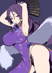 Rule 34 | 1girl, alternate costume, armpits, arms behind head, arms up, bare shoulders, breasts, china dress, chinese clothes, commentary, dress, earrings, evan yang, fate/grand order, fate (series), fur, hand fan, jewelry, lace, lace panties, large breasts, legs, long hair, looking at viewer, minamoto no raikou (fate), minamoto no raikou (traveling outfit) (fate), panties, parted lips, pelvic curtain, purple dress, purple eyes, purple hair, purple panties, side slit, solo, standing, thighs, underwear, very long hair
