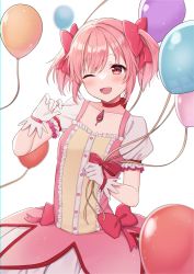 Rule 34 | 1girl, ;d, absurdres, balloon, bow, gloves, hair bow, highres, kaname madoka, magical girl, mahou shoujo madoka magica, mahou shoujo madoka magica (anime), mochiko (uyu omochi), one eye closed, open mouth, pink eyes, pink hair, puffy short sleeves, puffy sleeves, red bow, short hair, short sleeves, simple background, smile, solo, twintails, white background, white gloves