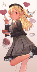 Rule 34 | 1girl, absurdres, balloon, beret, bird, blonde hair, cake, chocolate cake, cup, dress, elf, elfriend (shiranui flare), food, fork, hat, heart balloon, highres, hololive, kiwwwwwi, leg up, long hair, multicolored hair, one eye closed, one side up, orange eyes, pointy ears, sailor collar, shiranui flare, shiranui flare (street), simple background, solo, standing, standing on one leg, streaked hair, tea, teacup, virtual youtuber, white hair