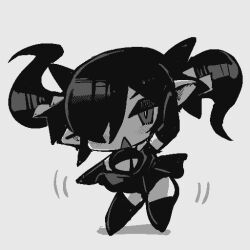 Rule 34 | 1girl, backbeako (torotei), backbeard, chibi, commentary request, dancing, dress, elbow gloves, full body, gegege no kitarou, gloves, hair over one eye, hair ribbon, light blush, long hair, looking at viewer, monochrome, motion lines, open mouth, original, pointy ears, ribbon, simple background, sleeveless, sleeveless dress, solo, thighhighs, torotei, triangle mouth, twintails