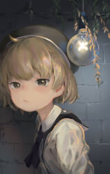 Rule 34 | 1girl, ahoge, arms at sides, beret, black hat, black neckerchief, brick wall, brown eyes, closed mouth, collared shirt, commentary request, expressionless, from side, half-closed eyes, hanging light, hat, hatoba tsugu, highres, light brown hair, light bulb, long sleeves, looking at viewer, looking to the side, mole, mole under eye, neckerchief, plant, shirt, short hair, solo, tsugu (vtuber), upper body, vines, virtual youtuber, wwy 138