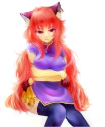 Rule 34 | 1girl, aged up, alternate costume, alternate hair color, alternate hairstyle, animal ears, black thighhighs, breast hold, breasts, cat ears, chen, china dress, chinese clothes, dress, earrings, gloves, highres, jewelry, large breasts, long hair, looking at viewer, mochisuni, no headwear, pout, purple dress, red eyes, red hair, short sleeves, simple background, sitting, solo, thighhighs, touhou, very long hair, white background