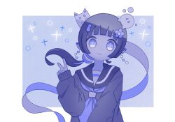 Rule 34 | 1girl, animal ears, black cardigan, blue background, blue flower, blue neckerchief, blue theme, blunt bangs, blunt ends, cardigan, cat ears, cathead, circle, cross-shaped pupils, ear ornament, earrings, flower, ghost, hair flower, hair ornament, hairclip, highres, jewelry, long sleeves, looking at viewer, low twintails, neckerchief, no nose, omochi noa, original, purple eyes, sailor collar, school uniform, serafuku, shirt, short hair, simple background, sleeves past wrists, smile, solid oval eyes, symbol-shaped pupils, twintails, uniform, upper body, v, white background