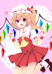 Rule 34 | 1girl, ascot, bad id, bad pixiv id, blonde hair, bobby socks, flandre scarlet, hat, heart, highres, jumping, kenpin, looking at viewer, mary janes, open mouth, red eyes, shoes, short hair, side ponytail, simple background, smile, socks, solo, touhou, wings