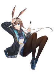 Rule 34 | 1girl, absurdres, amiya (arknights), animal ears, anklet, arknights, ascot, black jacket, black pantyhose, blue ascot, blue collar, blue eyes, blue footwear, blue skirt, brown hair, clothes writing, collar, full body, hair ornament, hands up, highres, index finger raised, invisible chair, jacket, jewelry, knees up, long hair, long sleeves, multiple rings, neck ring, open clothes, open jacket, originium arts (arknights), pantyhose, plaid, plaid skirt, pleated skirt, rabbit ears, rabbit girl, ring, shirt, shoes, sidelocks, simple background, sitting, skirt, solo, thighlet, thumb ring, very long hair, w, white background, white shirt, xpsuv
