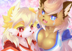 2girls blue_eyes blush breast_envy breasts cleavage female_focus fox furry furry_female highres japanese_clothes large_breasts multiple_girls noa open_mouth red_eyes