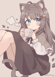 Rule 34 | 1girl, absurdres, ahoge, animal ears, bare legs, blue eyes, blush, brown background, brown capelet, brown sailor collar, brown skirt, capelet, cat ears, cat girl, cat hair ornament, cat tail, coffee beans, colon br, commentary request, cup, hair ornament, highres, holding, holding cup, knees up, long hair, long sleeves, looking at viewer, original, sailor collar, shirt, sidelocks, signature, simple background, skirt, smile, solo, tail, visible air, white shirt